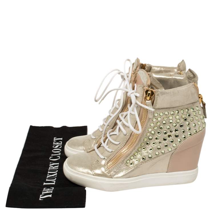 Pre Owned Giuseppe Zanotti Gold/Beige Leather And Suede Crystal Embellished Wedge Sneakers Size 37.5