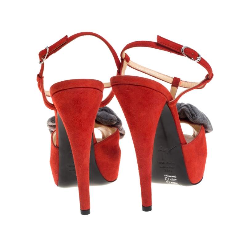 Pre Owned Giuseppe Zanotti Orange Suede Bow Platform Sandals Size 38.5