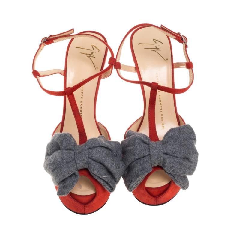 Pre Owned Giuseppe Zanotti Orange Suede Bow Platform Sandals Size 38.5