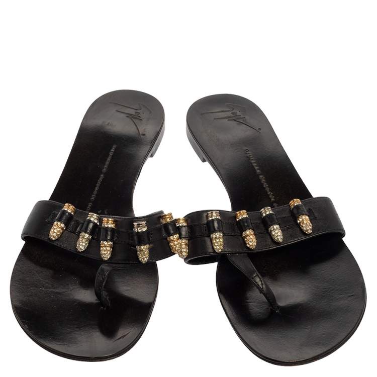 Pre Owned Giuseppe Zanotti Black Leather Studded Thong Sandals Size 37