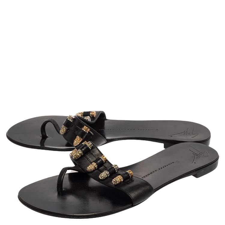 Pre Owned Giuseppe Zanotti Black Leather Studded Thong Sandals Size 37