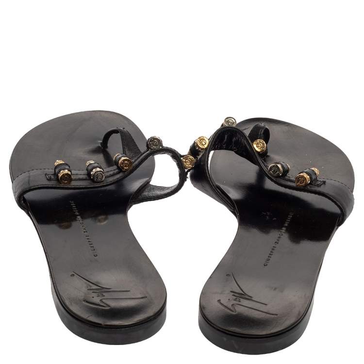 Pre Owned Giuseppe Zanotti Black Leather Studded Thong Sandals Size 37
