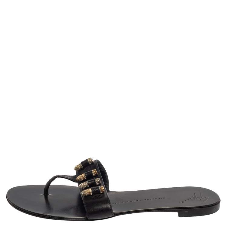 Pre Owned Giuseppe Zanotti Black Leather Studded Thong Sandals Size 37