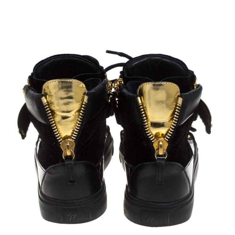 Pre Owned Giuseppe Zanotti Black/Gold Velvet And Leather Coby High Top Sneakers Size 38