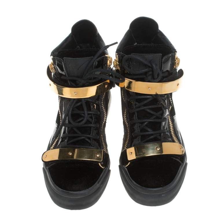 Pre Owned Giuseppe Zanotti Black/Gold Velvet And Leather Coby High Top Sneakers Size 38