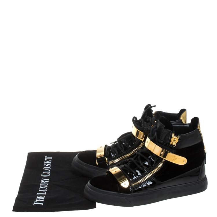 Pre Owned Giuseppe Zanotti Black/Gold Velvet And Leather Coby High Top Sneakers Size 38