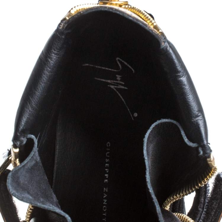 Pre Owned Giuseppe Zanotti Black/Gold Velvet And Leather Coby High Top Sneakers Size 38