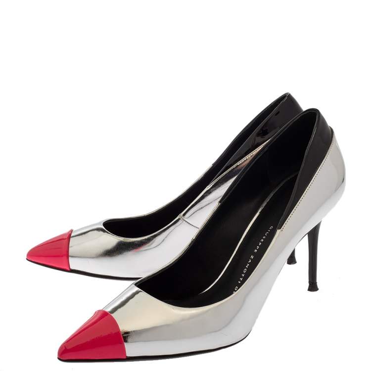 Pre Owned Giuseppe Zanotti Metallic Silver Leather Cap Toe Pointed Pumps Size 38