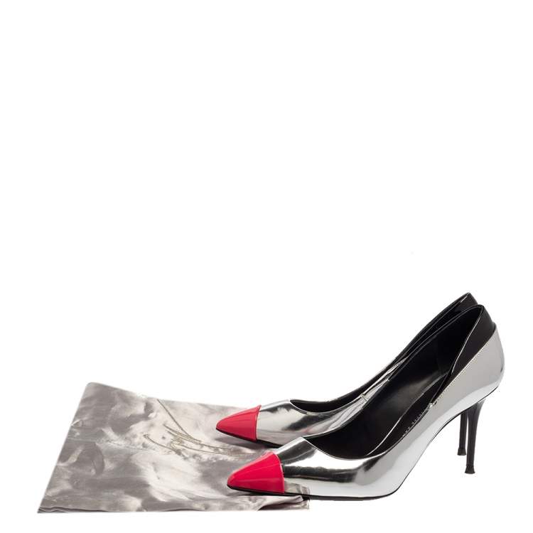 Pre Owned Giuseppe Zanotti Metallic Silver Leather Cap Toe Pointed Pumps Size 38
