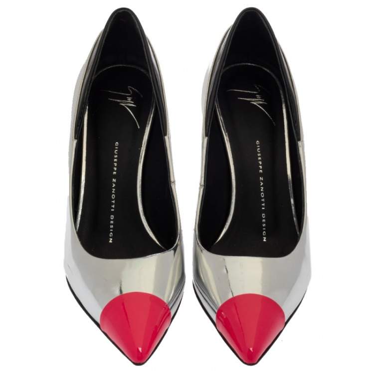Pre Owned Giuseppe Zanotti Metallic Silver Leather Cap Toe Pointed Pumps Size 38