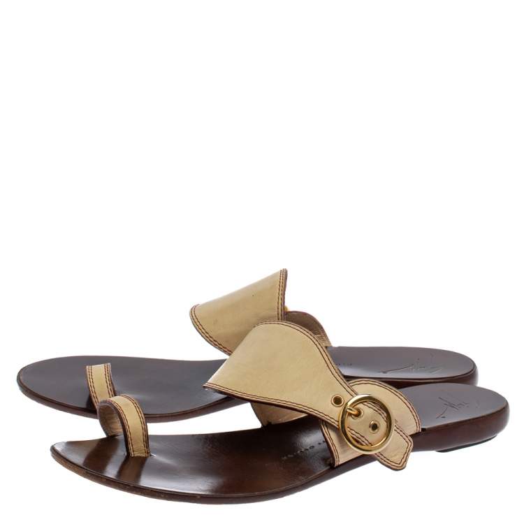Pre Owned Giuseppe Zanotti Cream Leather Toe Ring Flats Size 37