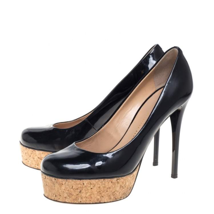 Pre Owned Giuseppe Zanotti Black Patent Leather Cork Platform Pumps Size 37
