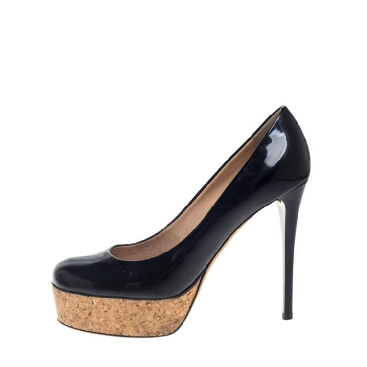 Pre Owned Giuseppe Zanotti Black Patent Leather Cork Platform Pumps Size 37