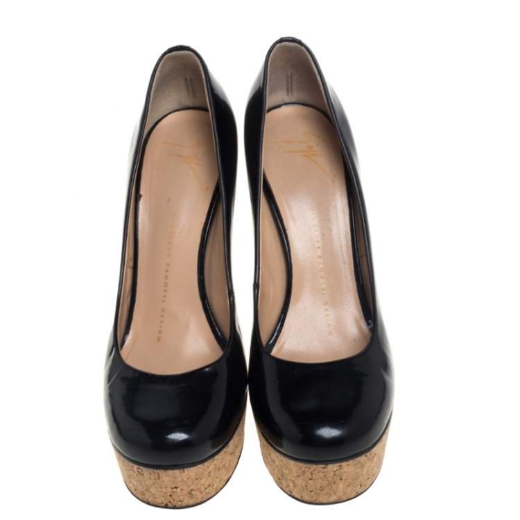 Pre Owned Giuseppe Zanotti Black Patent Leather Cork Platform Pumps Size 37