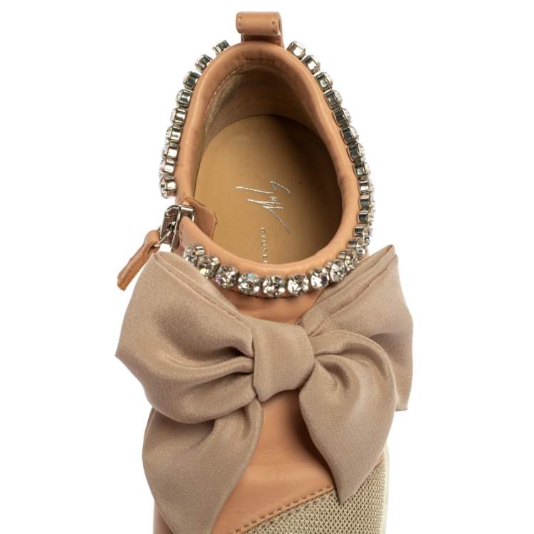 Pre Owned Giuseppe Zanotti Pink Mesh And Leather Crystal Embellished Bow Sneakers Size 40.5