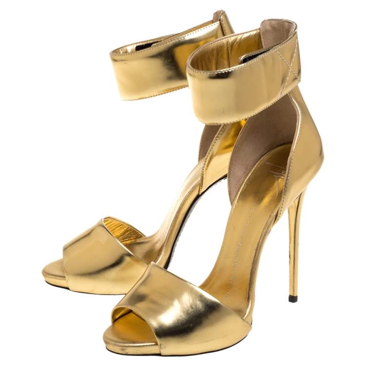 Pre Owned Giuseppe Zanotti Gold Leather Open Toe Ankle Cuff Sandals Size 37