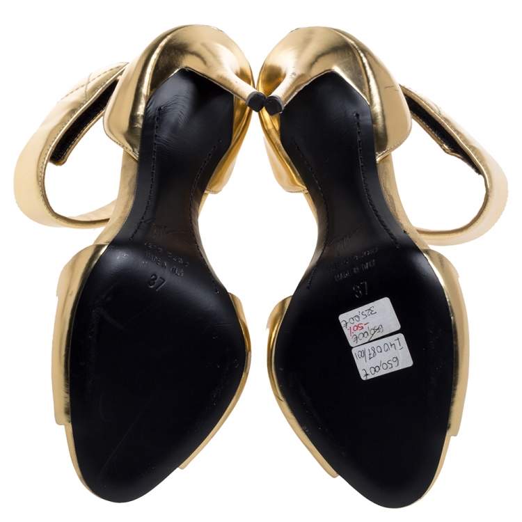 Pre Owned Giuseppe Zanotti Gold Leather Open Toe Ankle Cuff Sandals Size 37