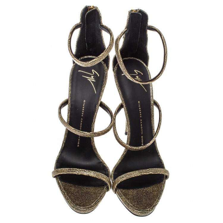Pre Owned Giuseppe Zanotti Black/Gold Glitter Fabric Harmony Strap Sandals Size 40