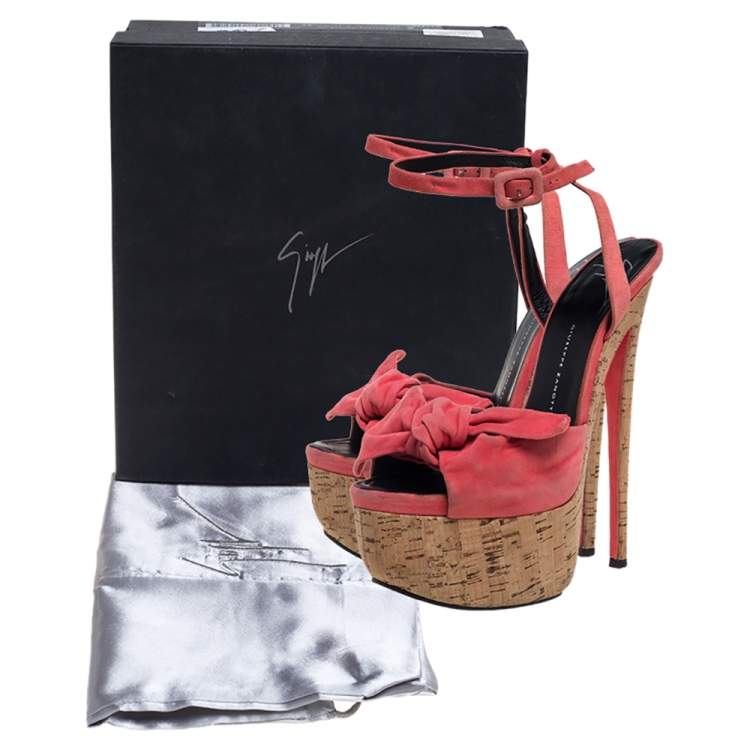 Pre Owned Giuseppe Zanotti Pink Suede Bow Platform Ankle Strap Sandals Size 38
