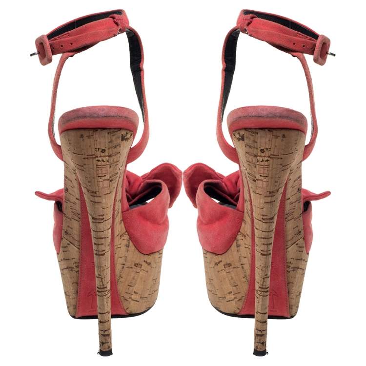 Pre Owned Giuseppe Zanotti Pink Suede Bow Platform Ankle Strap Sandals Size 38