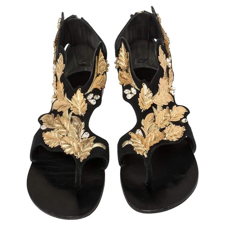 Pre Owned Giuseppe Zanotti Black/Gold Suede Metal Leaf Embellished Flat Sandals Size 39
