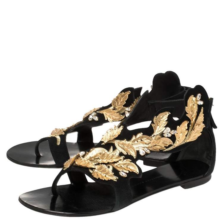 Pre Owned Giuseppe Zanotti Black/Gold Suede Metal Leaf Embellished Flat Sandals Size 39