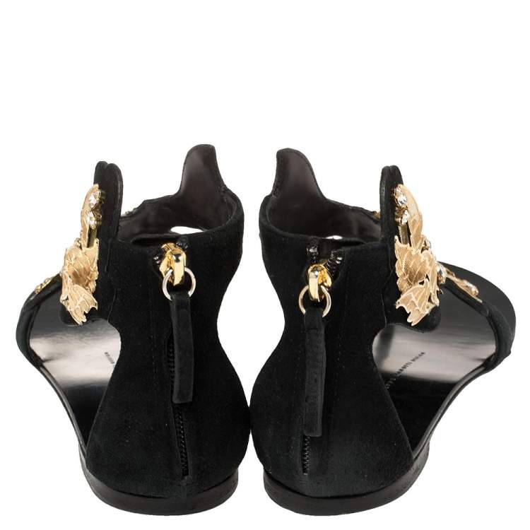 Pre Owned Giuseppe Zanotti Black/Gold Suede Metal Leaf Embellished Flat Sandals Size 39