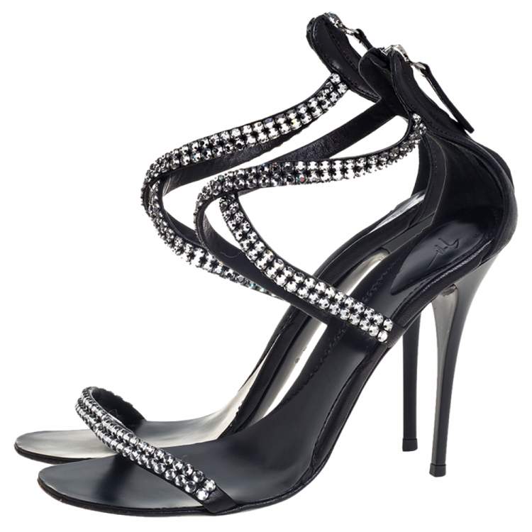 Pre Owned Giuseppe Zanotti Black Leather Crystal Embellished Sandals Size 37
