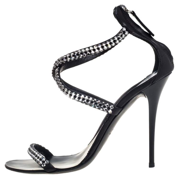 Pre Owned Giuseppe Zanotti Black Leather Crystal Embellished Sandals Size 37