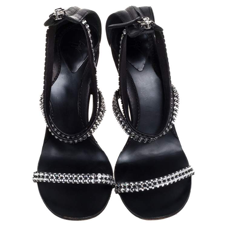 Pre Owned Giuseppe Zanotti Black Leather Crystal Embellished Sandals Size 37