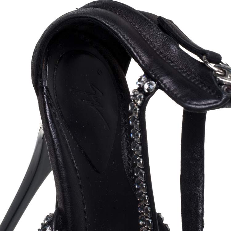 Pre Owned Giuseppe Zanotti Black Leather Crystal Embellished Sandals Size 37