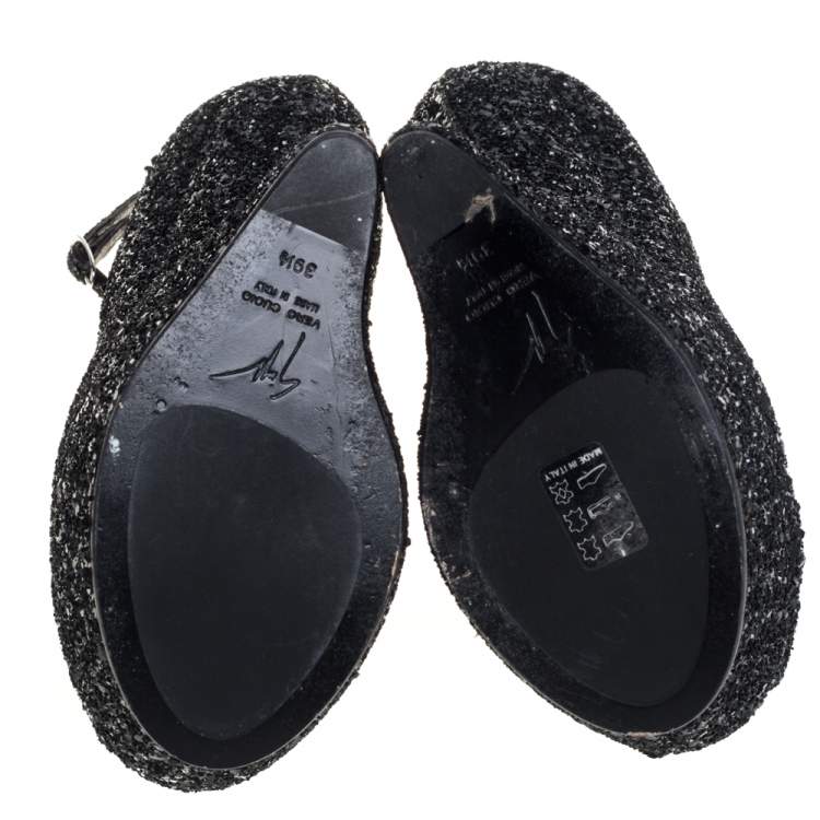 Pre Owned Giuseppe Zanotti Black Glitter Heelless Peep Toe Ankle Strap Pumps Size 39.5