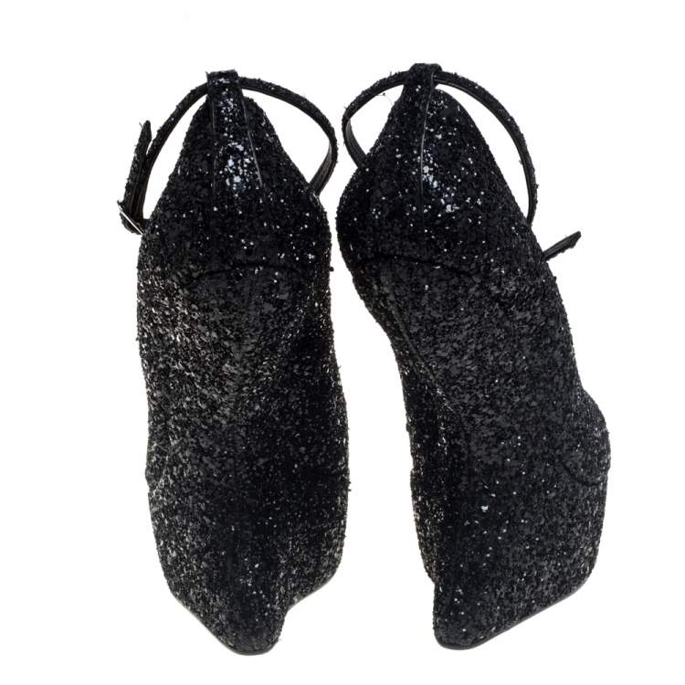 Pre Owned Giuseppe Zanotti Black Glitter Heelless Peep Toe Ankle Strap Pumps Size 39.5