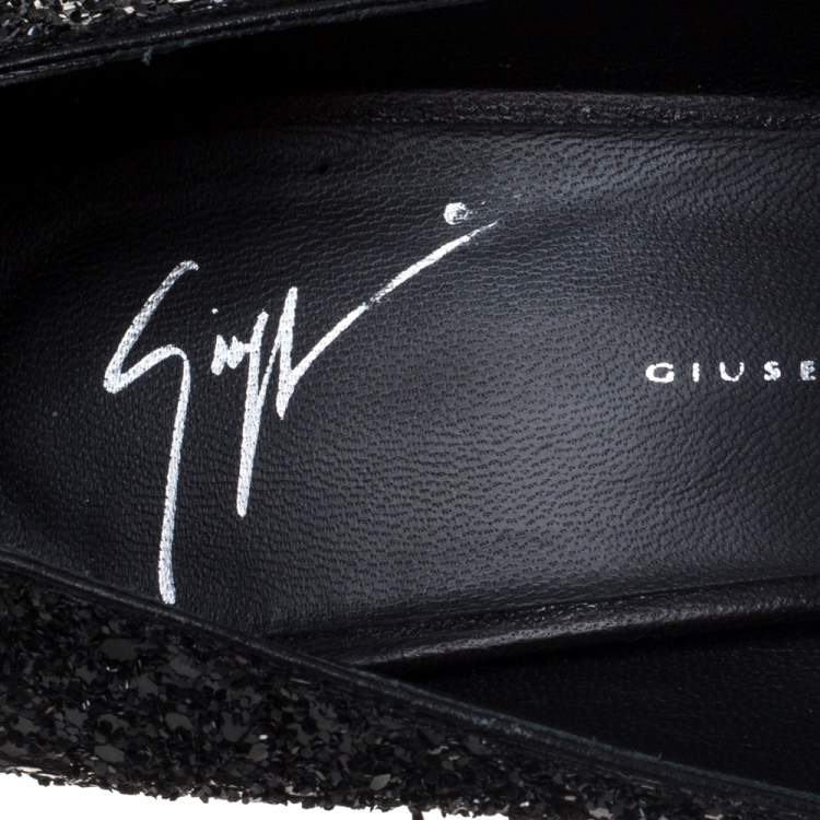 Pre Owned Giuseppe Zanotti Black Glitter Heelless Peep Toe Ankle Strap Pumps Size 39.5