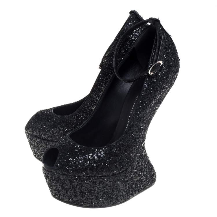 Pre Owned Giuseppe Zanotti Black Glitter Heelless Peep Toe Ankle Strap Pumps Size 39.5