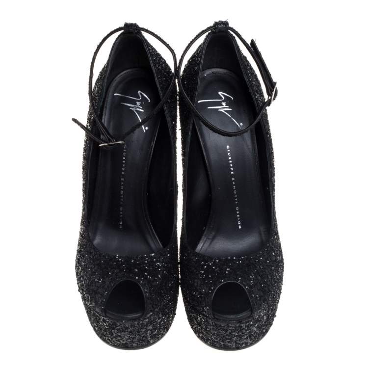 Pre Owned Giuseppe Zanotti Black Glitter Heelless Peep Toe Ankle Strap Pumps Size 39.5