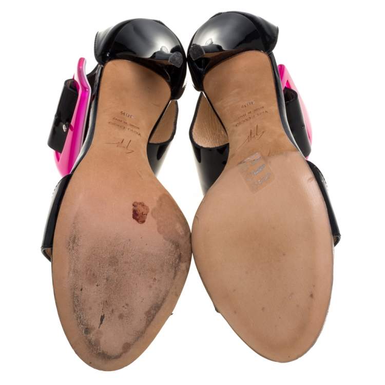 Pre Owned Giuseppe Zanotti Black/Pink Patent Leather Ankle Strap Open Toe Sandals Size 38.5