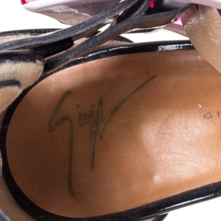 Pre Owned Giuseppe Zanotti Black/Pink Patent Leather Ankle Strap Open Toe Sandals Size 38.5