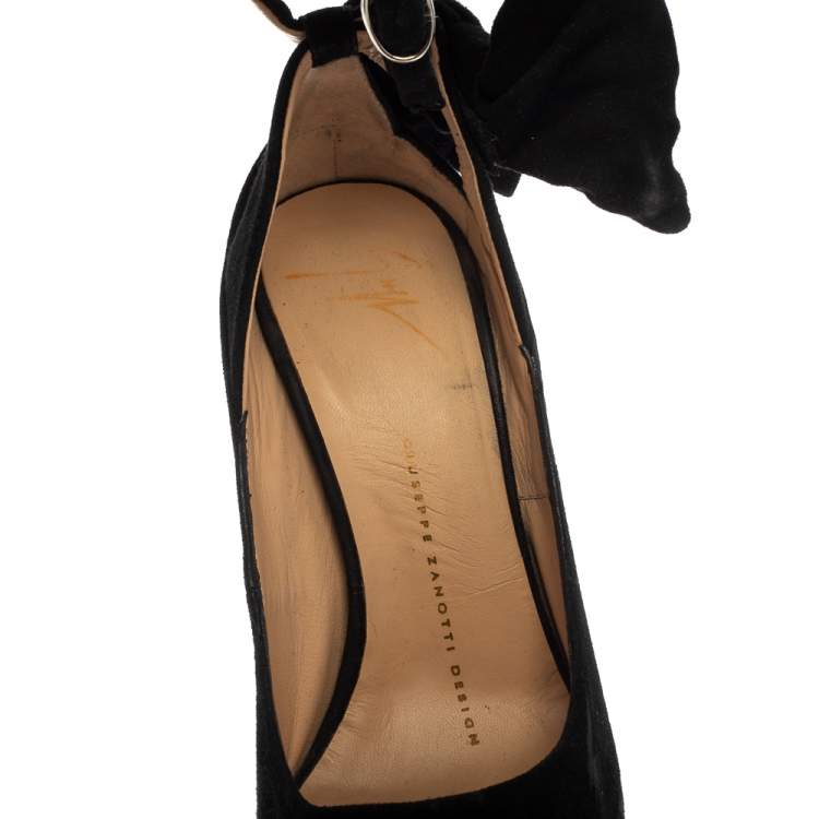 Pre Owned Giuseppe Zanotti Black Suede Bow Peep Toe Platform Ankle Strap Pumps Size 35