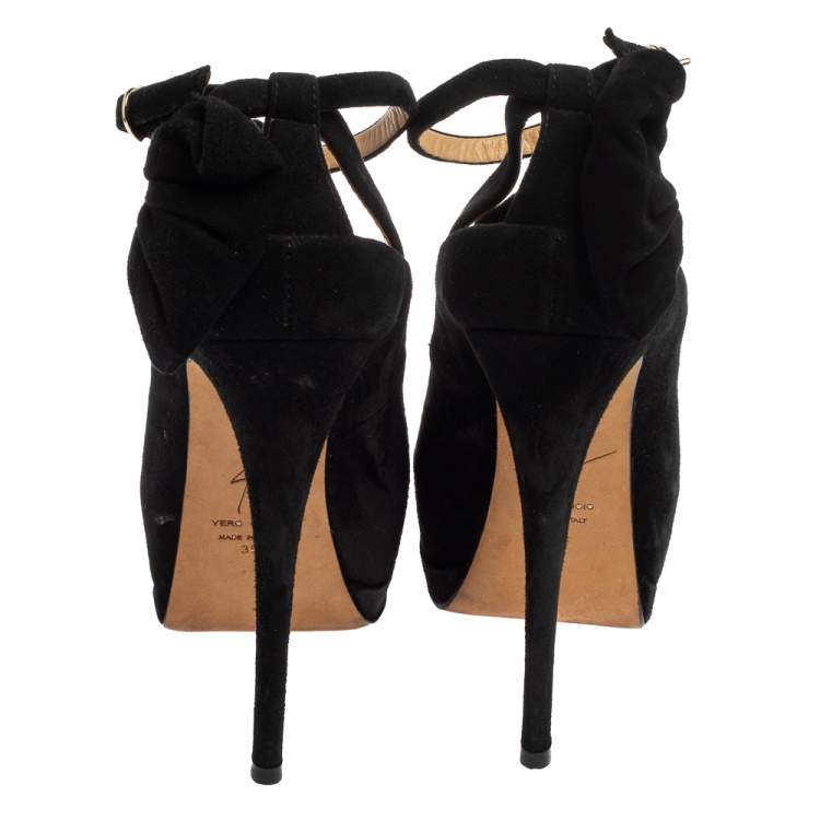 Pre Owned Giuseppe Zanotti Black Suede Bow Peep Toe Platform Ankle Strap Pumps Size 35