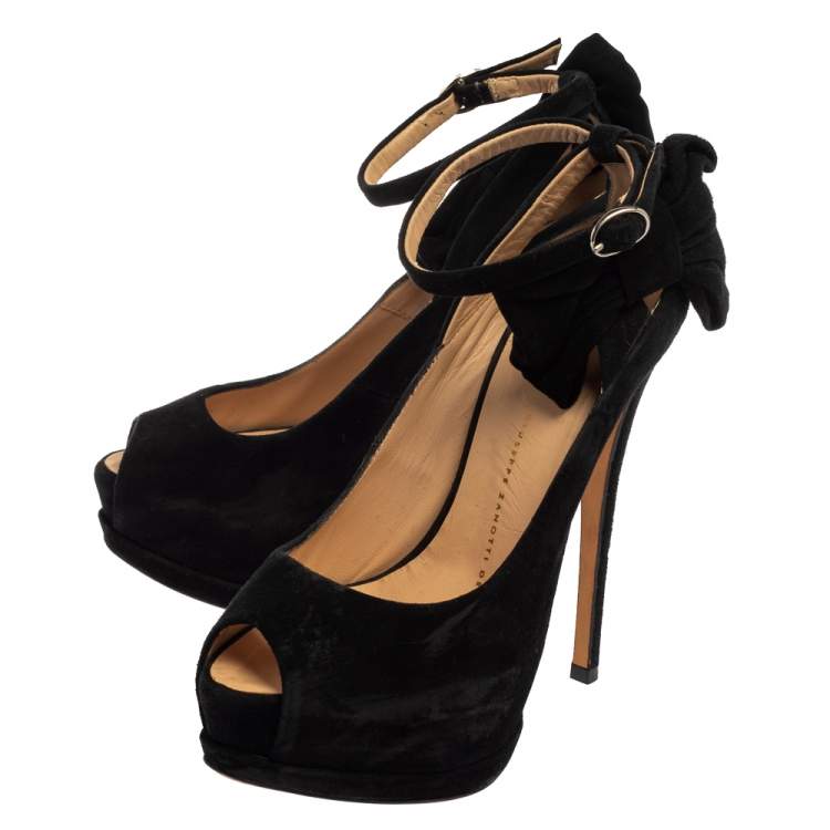 Pre Owned Giuseppe Zanotti Black Suede Bow Peep Toe Platform Ankle Strap Pumps Size 35