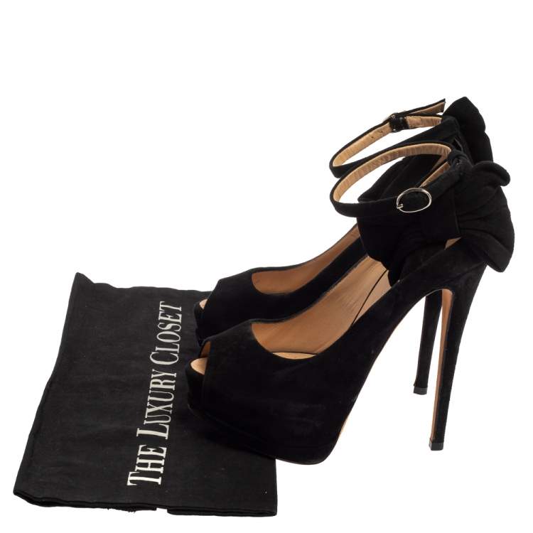 Pre Owned Giuseppe Zanotti Black Suede Bow Peep Toe Platform Ankle Strap Pumps Size 35