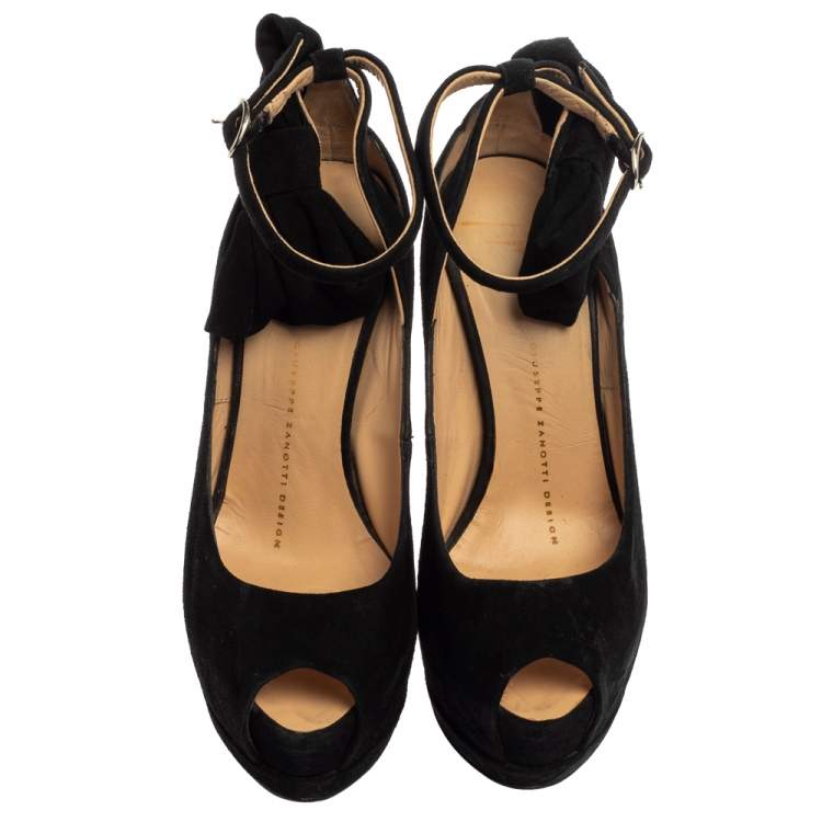 Pre Owned Giuseppe Zanotti Black Suede Bow Peep Toe Platform Ankle Strap Pumps Size 35