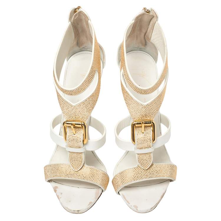 Pre Owned Giuseppe Zanotti White Leather Gold Strass Buckle Sandals Size 37