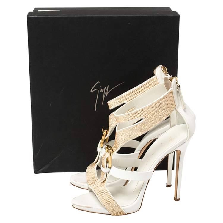Pre Owned Giuseppe Zanotti White Leather Gold Strass Buckle Sandals Size 37