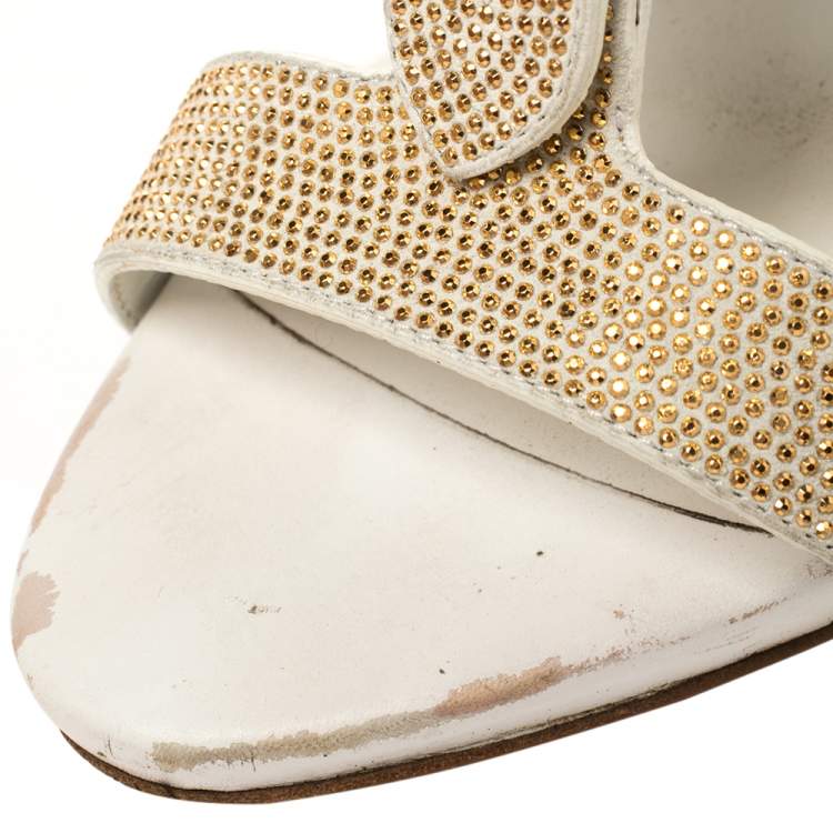 Pre Owned Giuseppe Zanotti White Leather Gold Strass Buckle Sandals Size 37