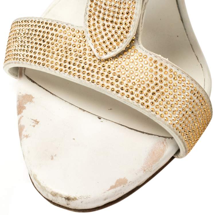 Pre Owned Giuseppe Zanotti White Leather Gold Strass Buckle Sandals Size 37