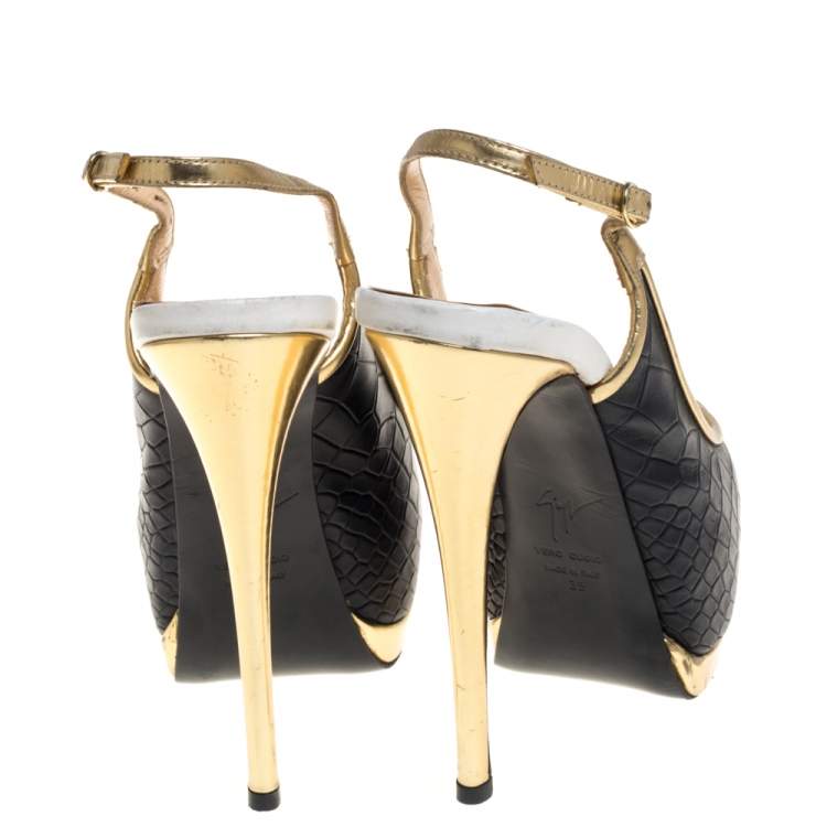 Pre Owned Giuseppe Zanotti Black / Gold Croc Embossed Leather Peep Toe  Platform Pumps Size 35