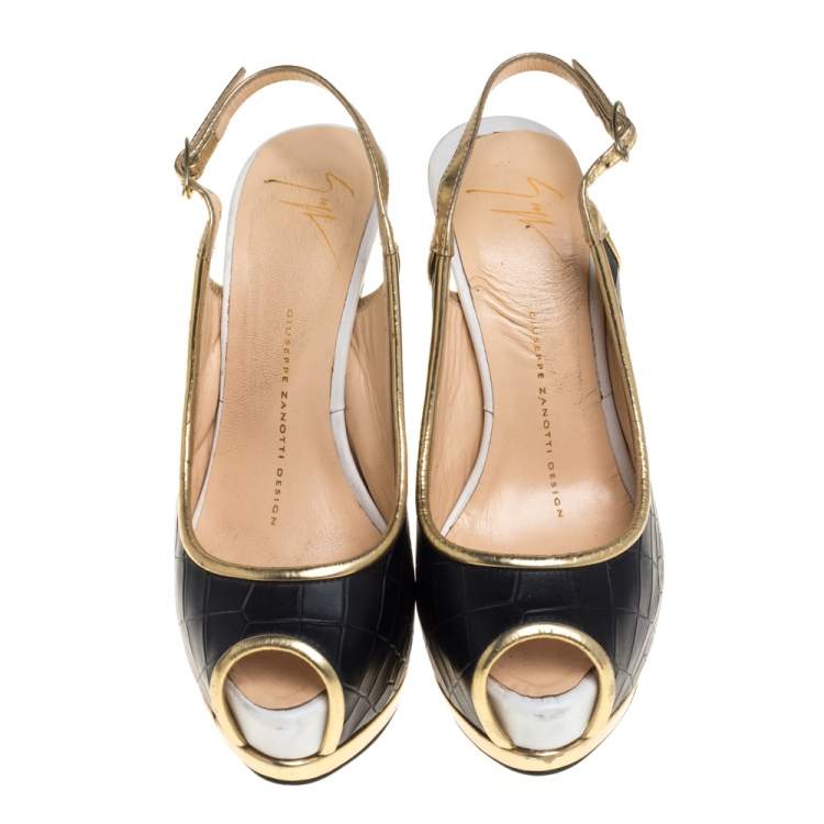 Pre Owned Giuseppe Zanotti Black / Gold Croc Embossed Leather Peep Toe  Platform Pumps Size 35