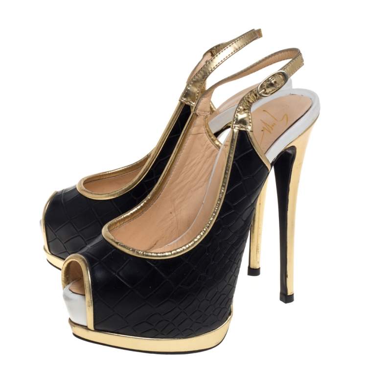 Pre Owned Giuseppe Zanotti Black / Gold Croc Embossed Leather Peep Toe  Platform Pumps Size 35